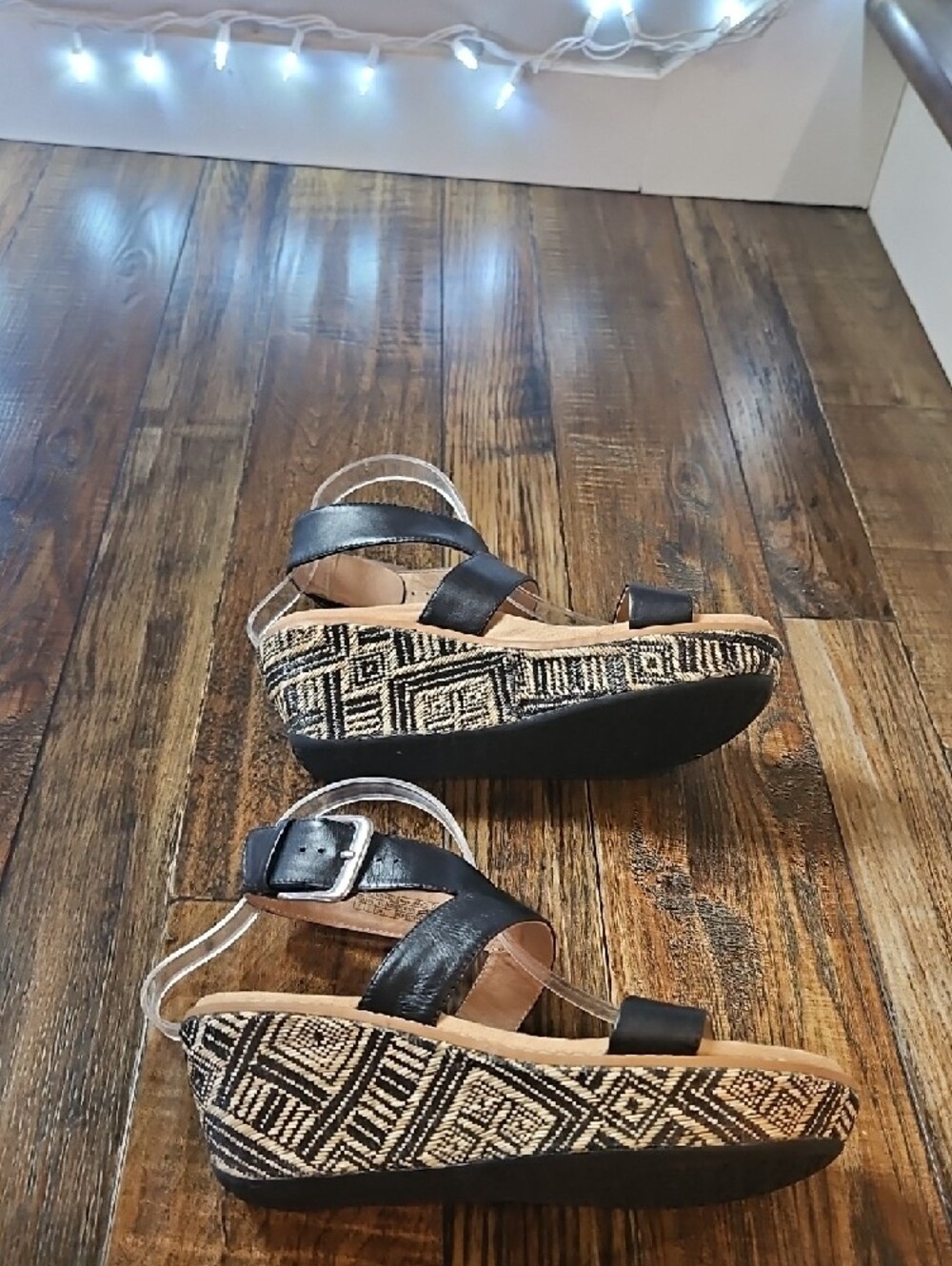 Vionic Black Strappy Wedge Sandals with Patterned Espadrille Heel - Picture 6 of 13